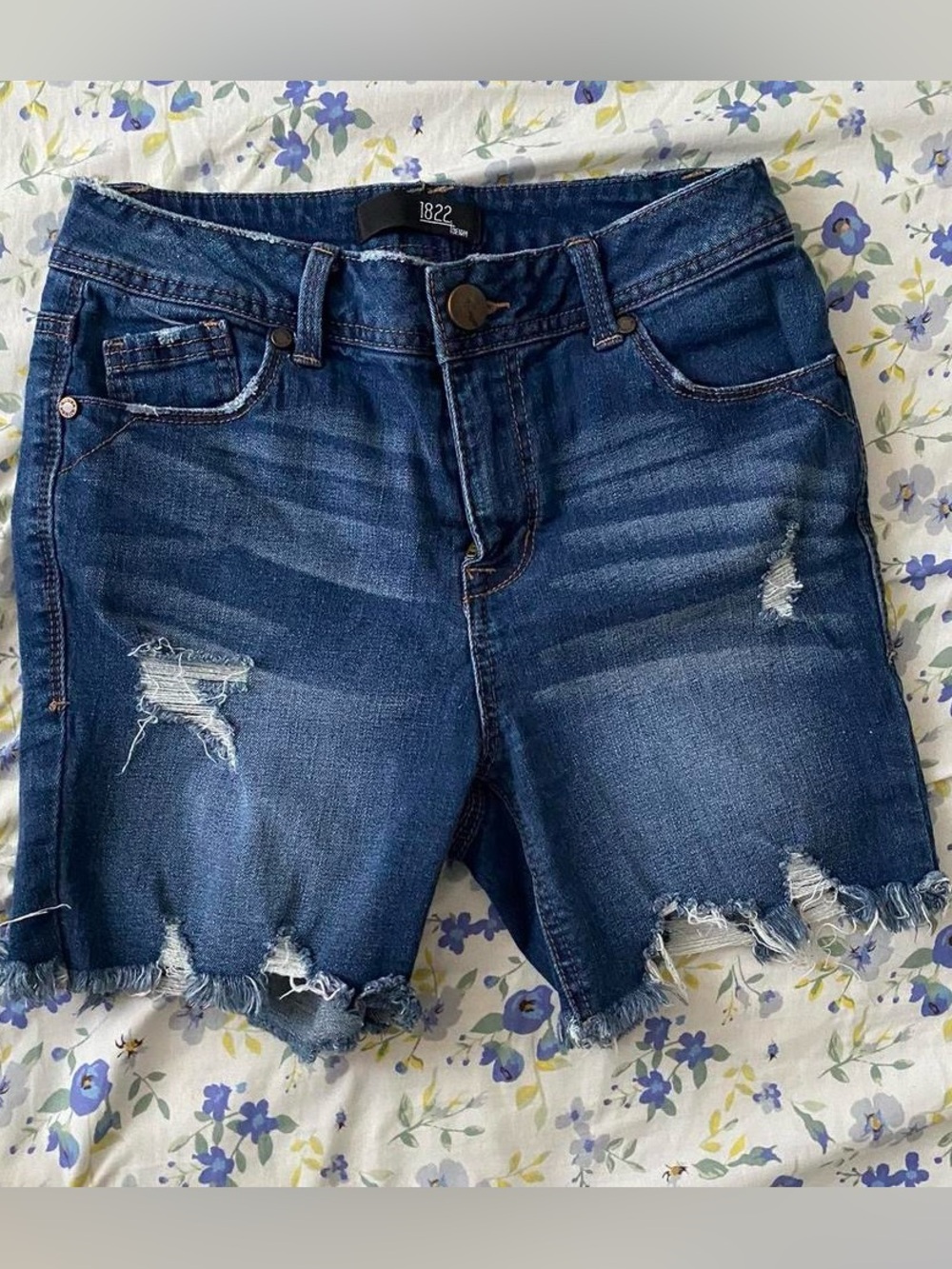 1822 Denim Distressed Dark Blue Denim Shorts